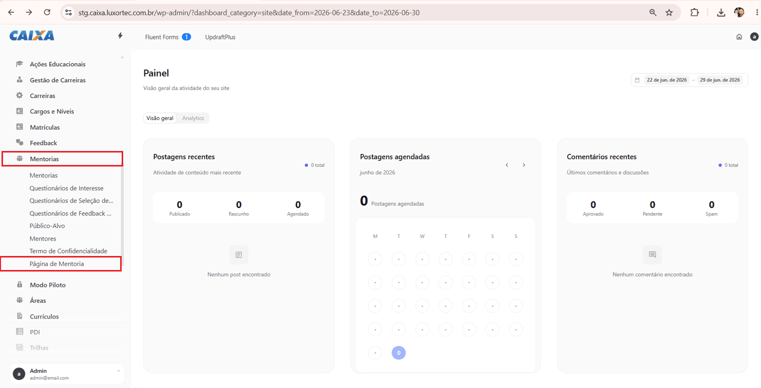 Para visualizar a tela de Mentorias clique no menu do wp-admin em mentorias > Página de Mentorias