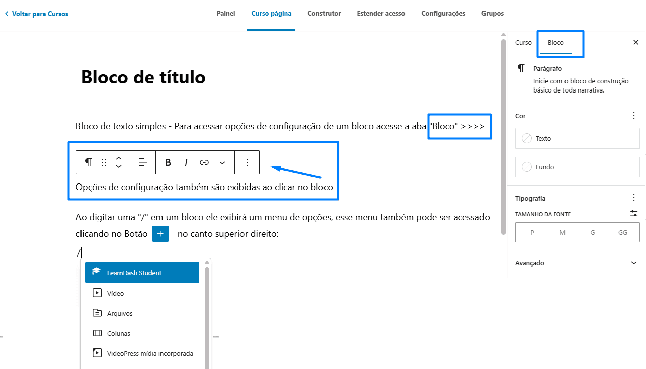 PRINT_tela criação de curso - Curso página_ Menus de edição, tipos de blocos etc..png