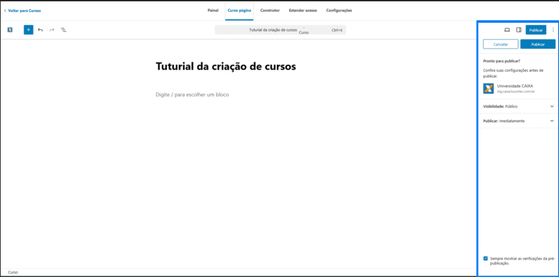 Tela de confirmação das configurações após clicar em Publicar
