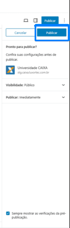 Botão final de confirmação da publicação