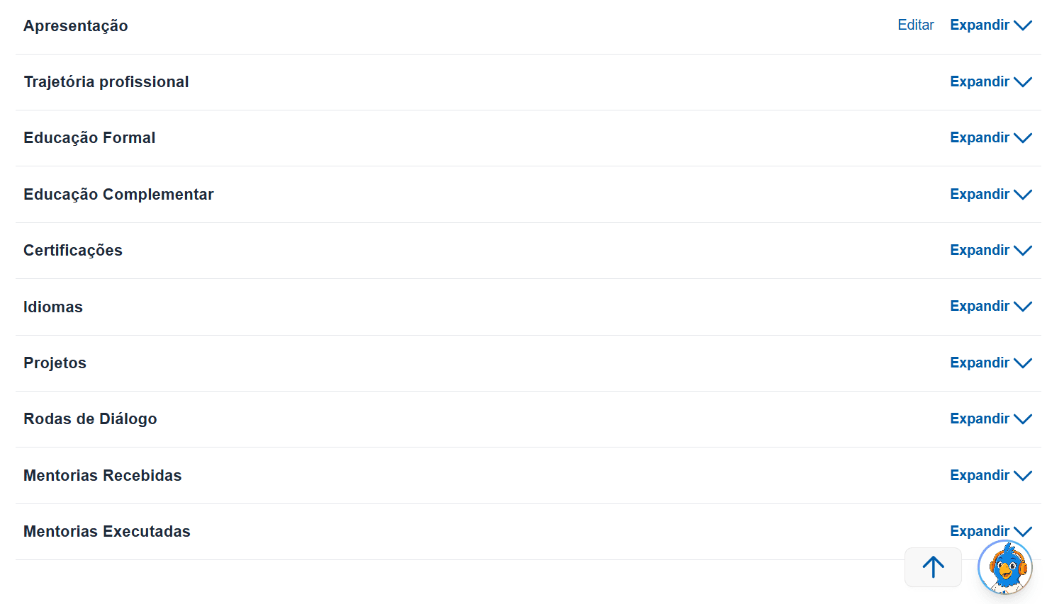 Lista de seções expansíveis do currículo (parte 1)