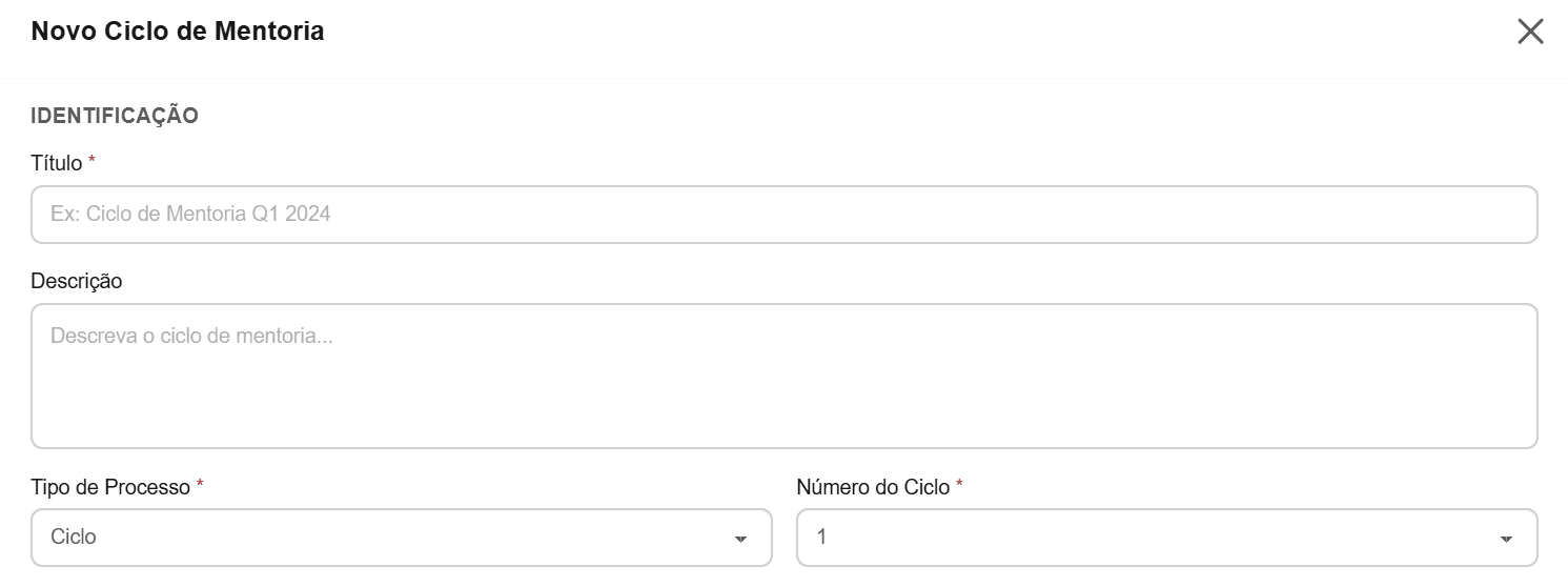 Formulário Novo Ciclo de Mentoria: Identificação, Período e Prazos, Cronograma Estimado de Sessões e Configuração