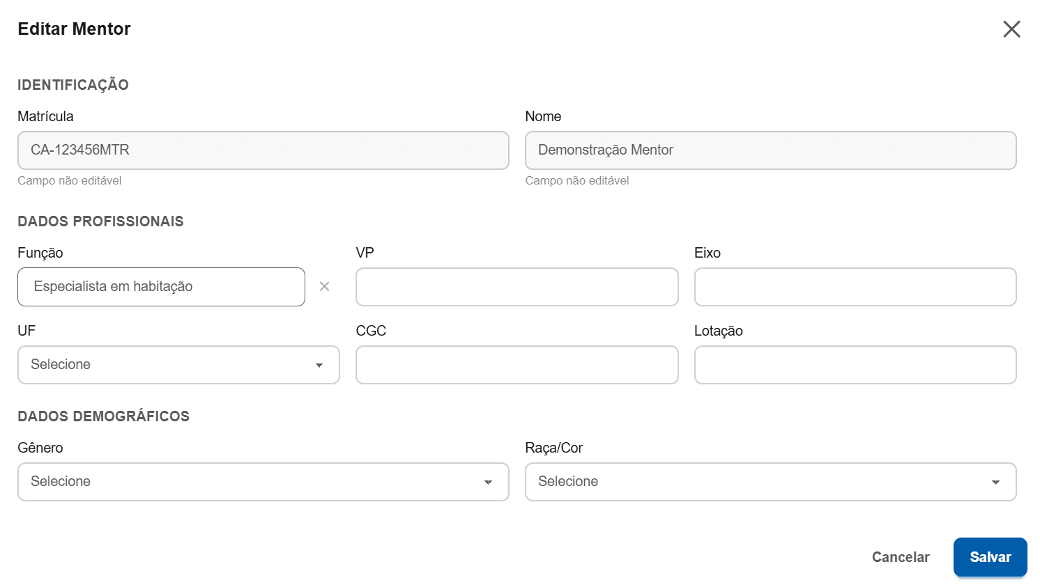 Modal Editar Mentor: Identificação, Dados Profissionais, Dados Demográficos e Manifestação e Avaliação