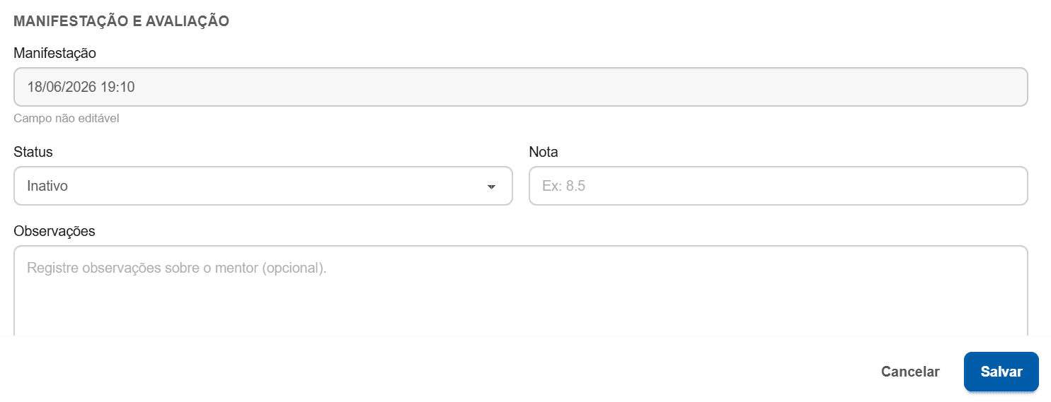Modal Editar Mentor: Identificação, Dados Profissionais, Dados Demográficos e Manifestação e Avaliação