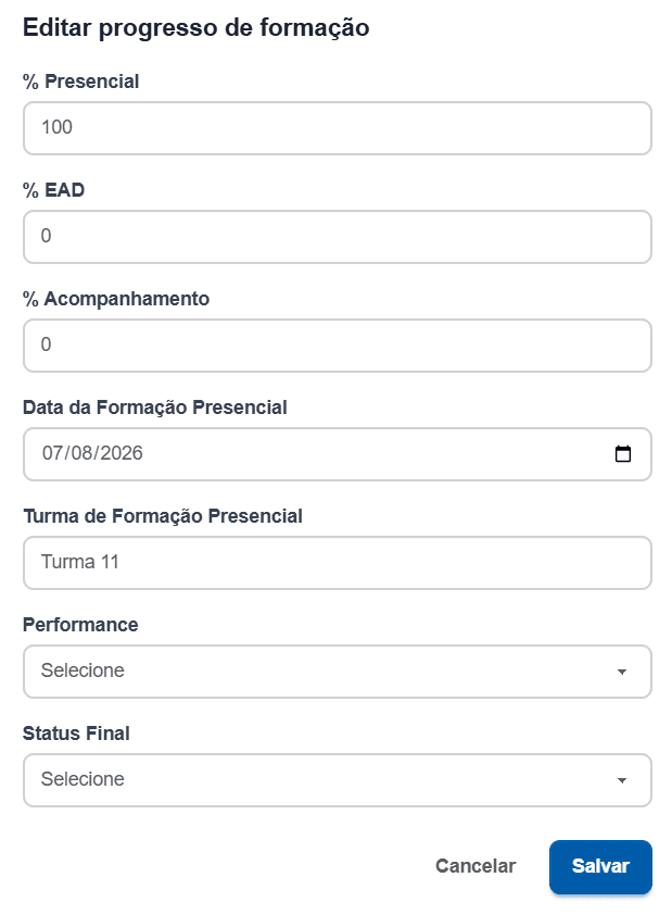 Modal Editar progresso de formação: percentuais de etapa, data, turma, performance e status final