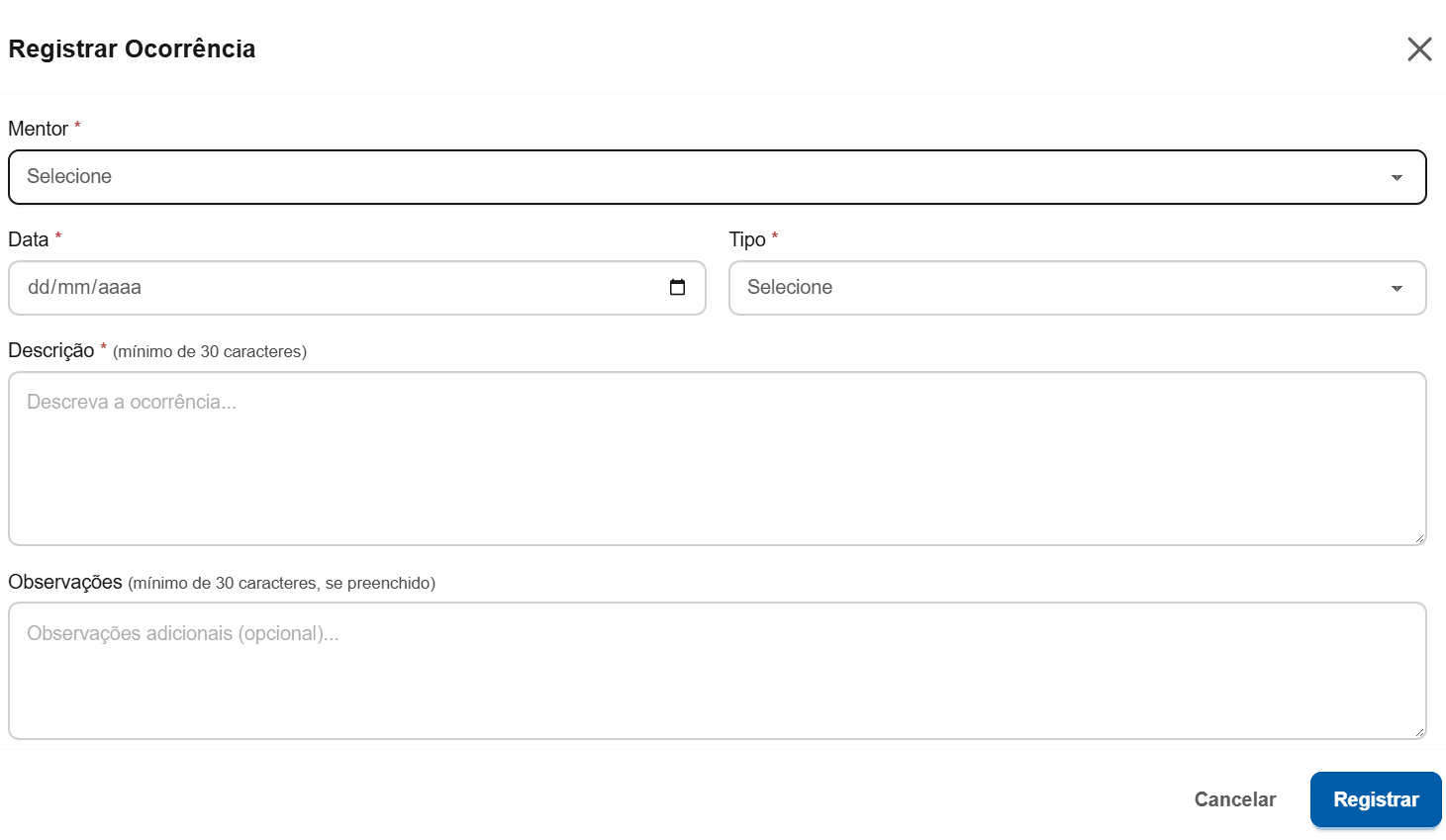 Modal Registrar Ocorrência: mentor, data, tipo, descrição e observações