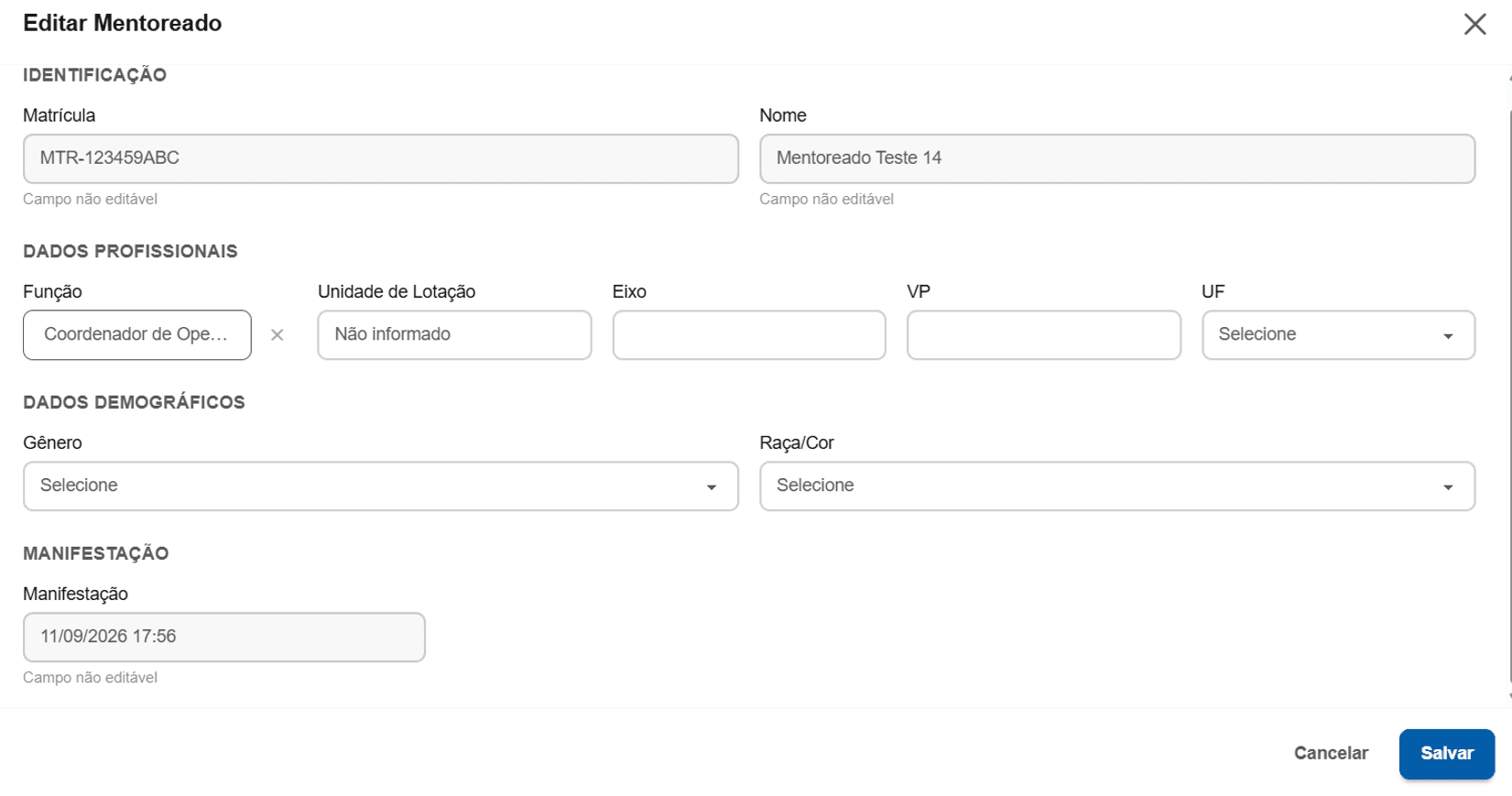 Modal Editar Mentoreado: Identificação, Dados Profissionais, Dados Demográficos e Manifestação