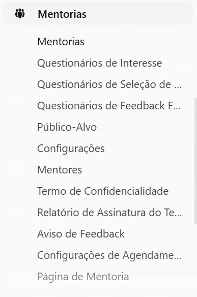 Menu lateral do Painel Administrativo, com o submenu Mentorias expandido