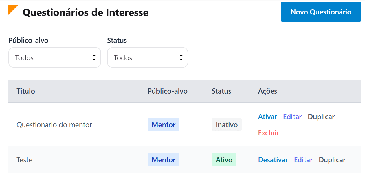 Listagem de Questionários de Interesse, com filtros por Público-alvo e Status