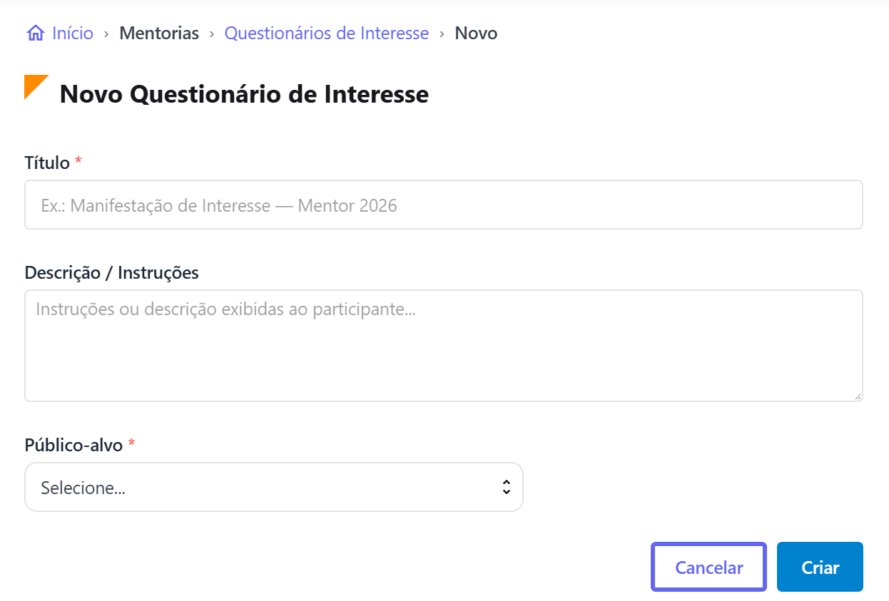 Formulário Novo Questionário de Interesse: Título, Descrição e Público-alvo