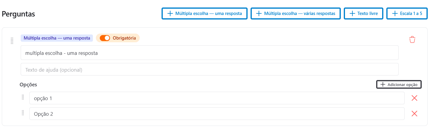 Edição de um questionário de interesse já com perguntas e opções configuradas