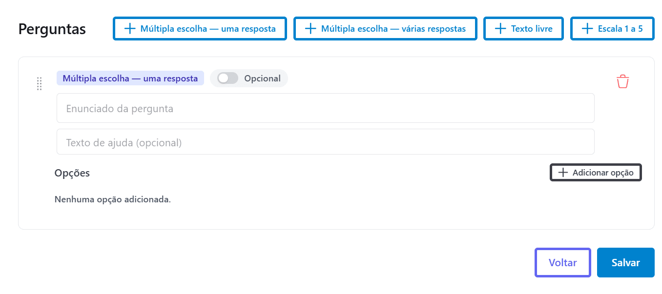 Edição do questionário de seleção de mentores, com os quatro tipos de pergunta disponíveis