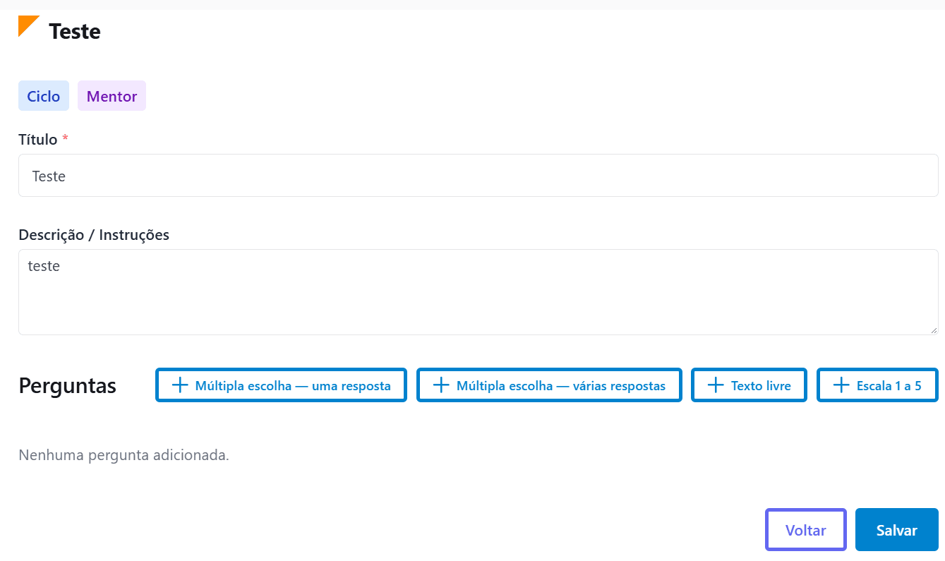 Edição de um questionário de feedback final, com os selos Ciclo e Mentor no cabeçalho