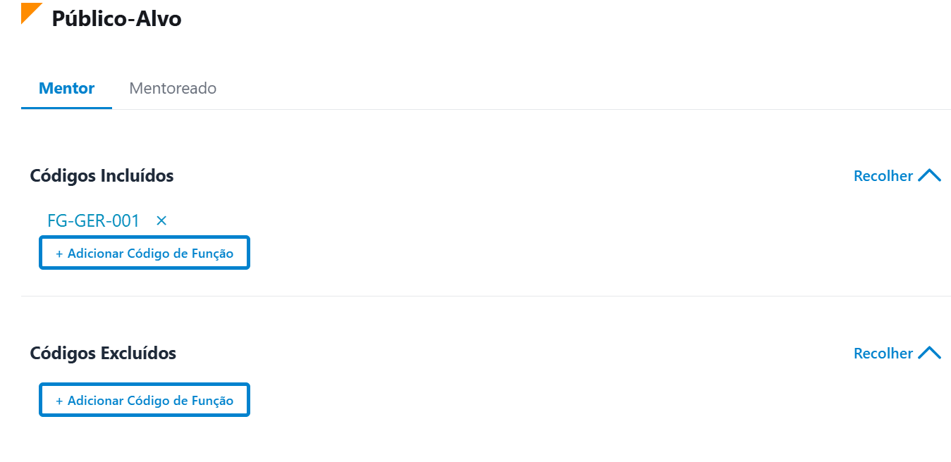 Tela Público-Alvo, com abas Mentor/Mentoreado e blocos de Códigos Incluídos e Excluídos