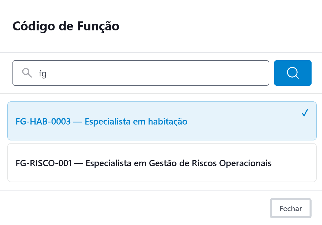 Modal Código de Função, com campo de busca e lista de resultados selecionáveis