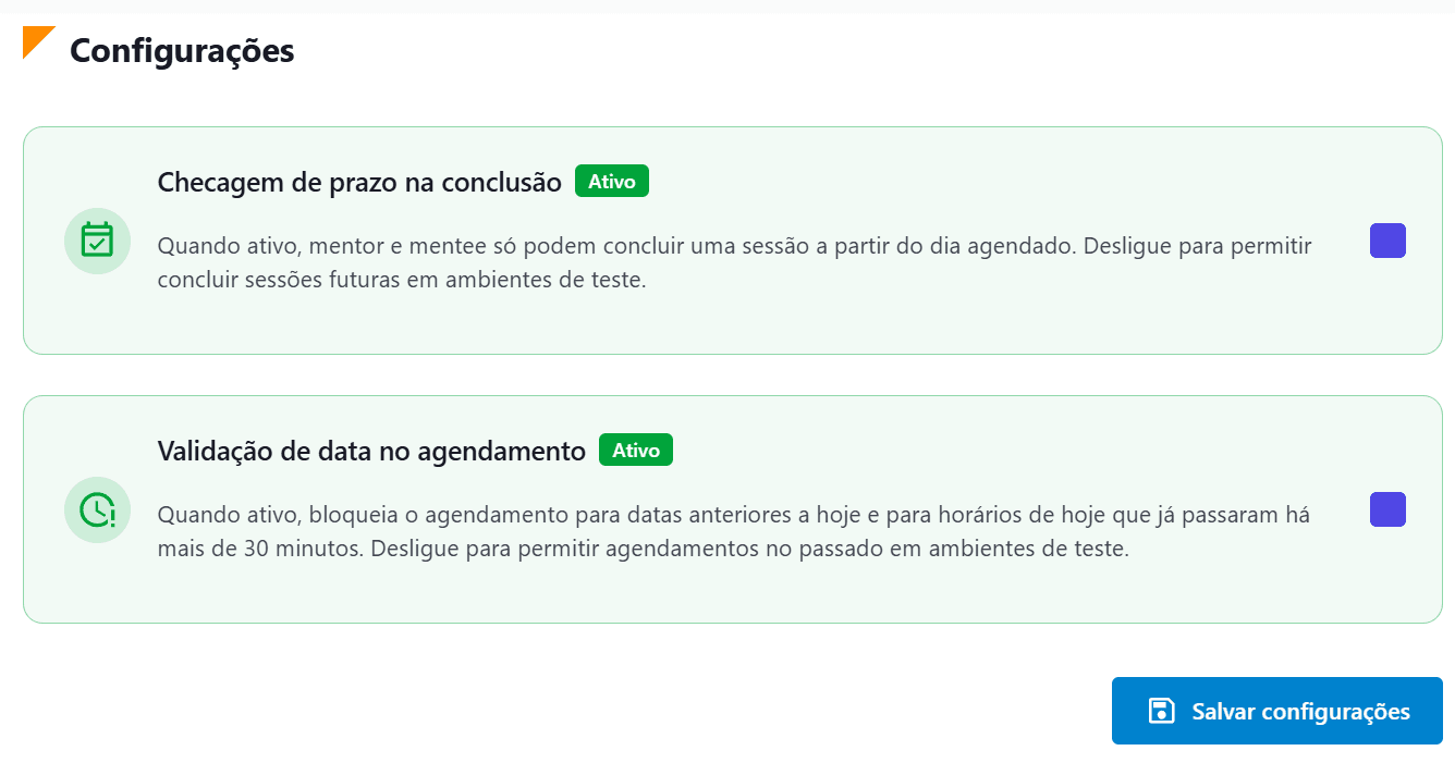 Tela Configurações, com dois toggles: Checagem de prazo na conclusão e Validação de data no agendamento