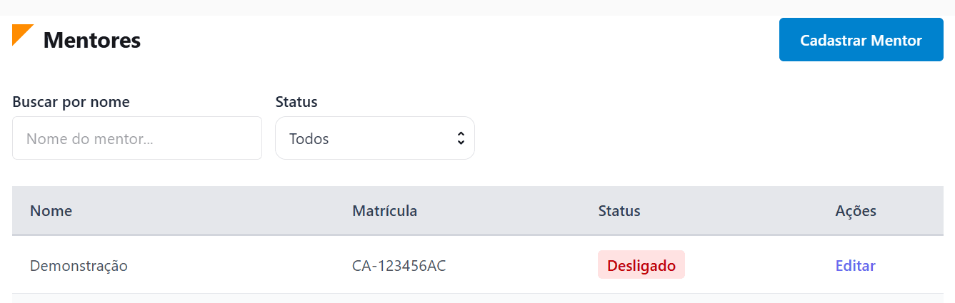 Listagem de Mentores no Painel Administrativo, com busca por nome e filtro de Status