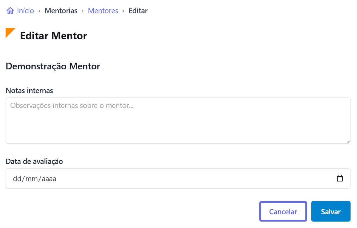 Formulário Editar Mentor, com Notas internas e Data de avaliação