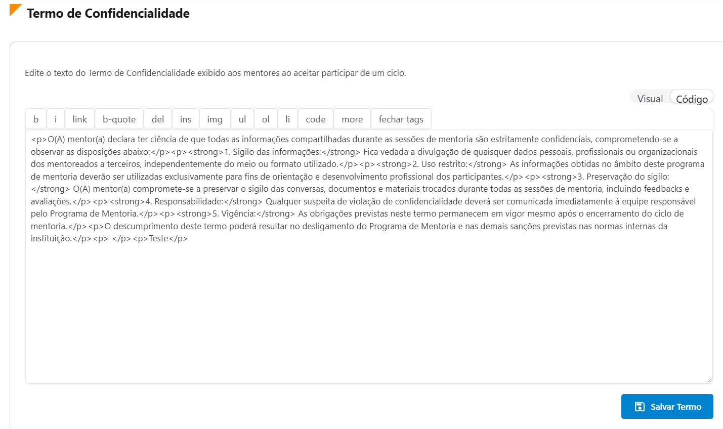 Editor de texto do Termo de Confidencialidade, com formatação Visual/Código