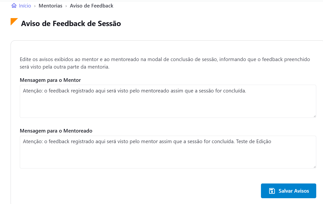 Tela Aviso de Feedback de Sessão, com campos de mensagem para o Mentor e para o Mentoreado