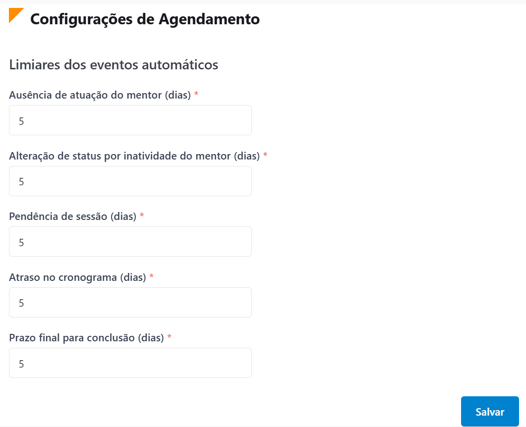 Tela Configurações de Agendamento, com cinco limiares configuráveis em dias