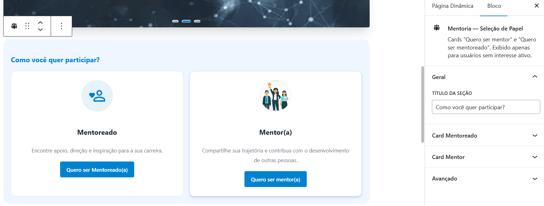 Editor de blocos da Página de Mentoria CAIXA: carrossel de imagens, cards de participação e blocos de pergunta/resposta