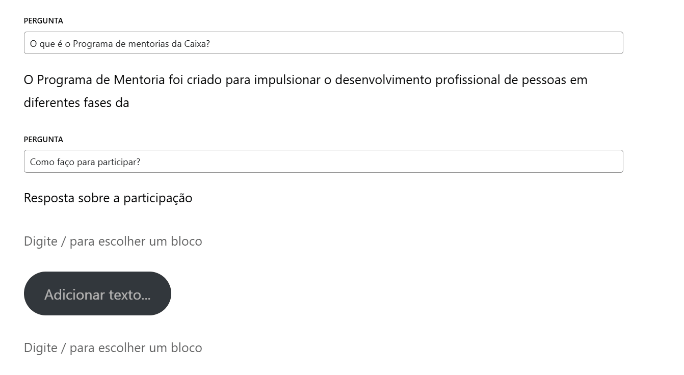 Editor de blocos da Página de Mentoria CAIXA: carrossel de imagens, cards de participação e blocos de pergunta/resposta