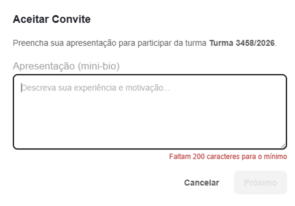 Modal Aceitar Convite, com campo obrigatório de Apresentação (mini-bio)