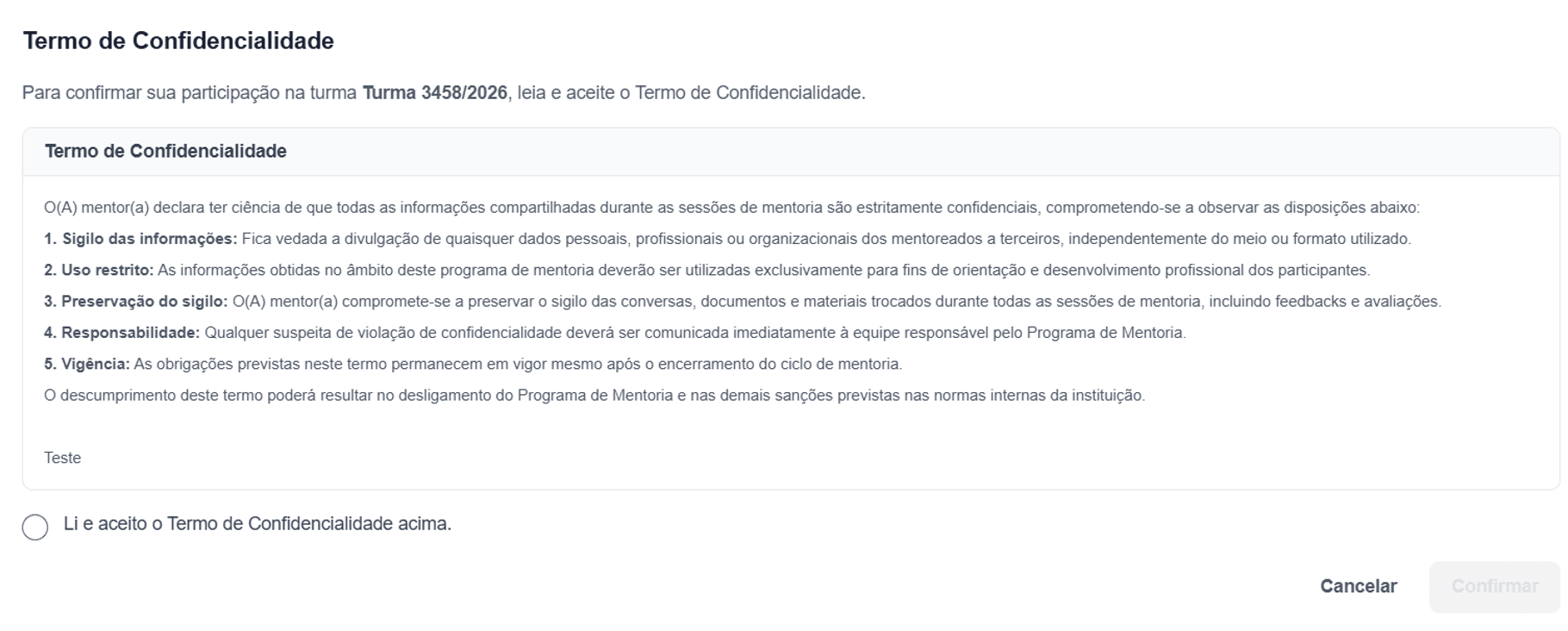 Modal Termo de Confidencialidade, com checkbox de aceite obrigatório