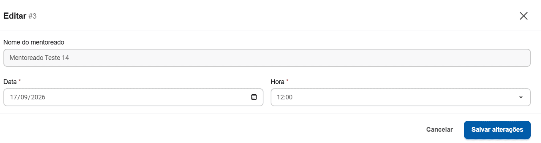 Modal Editar sessão, com campos de Data e Hora