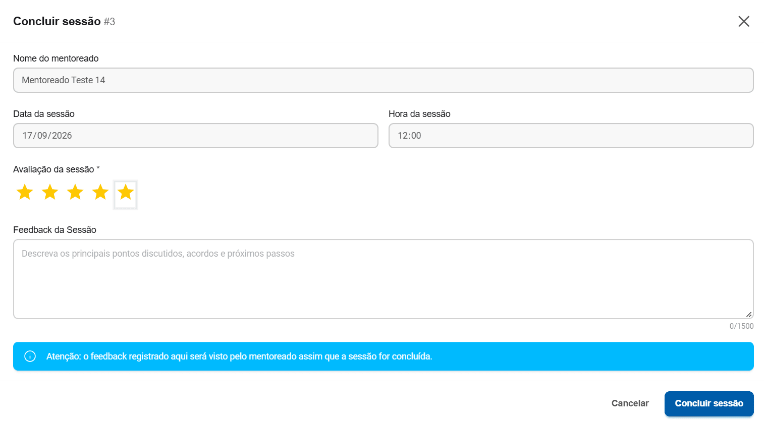 Modal Concluir sessão, com avaliação por estrelas e campo de feedback