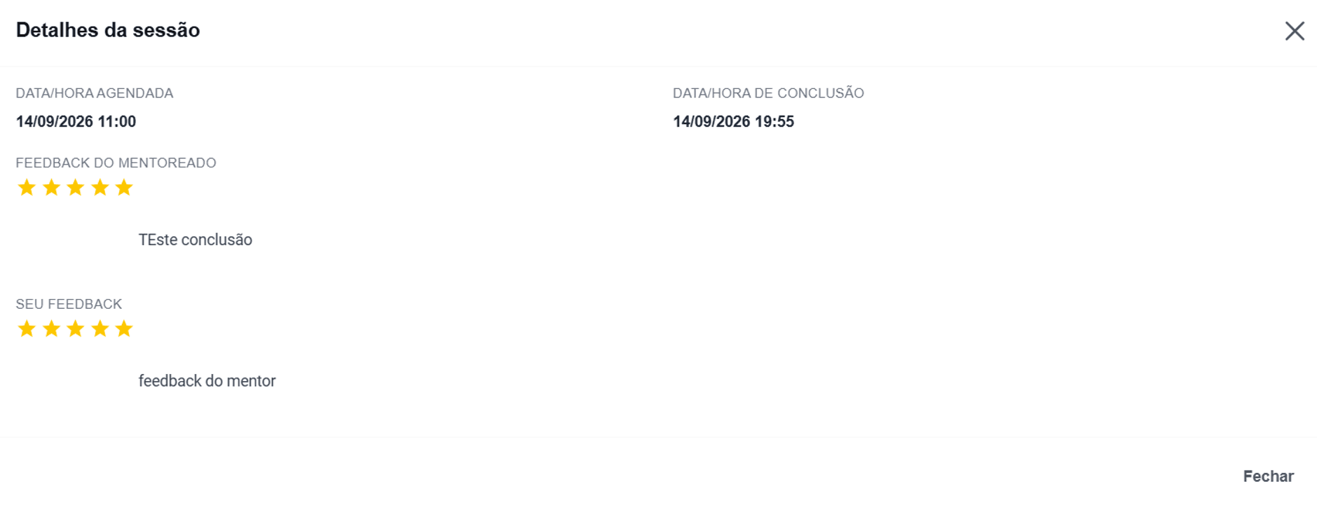 Modal Detalhes da sessão, com feedback do mentoreado e do mentor lado a lado