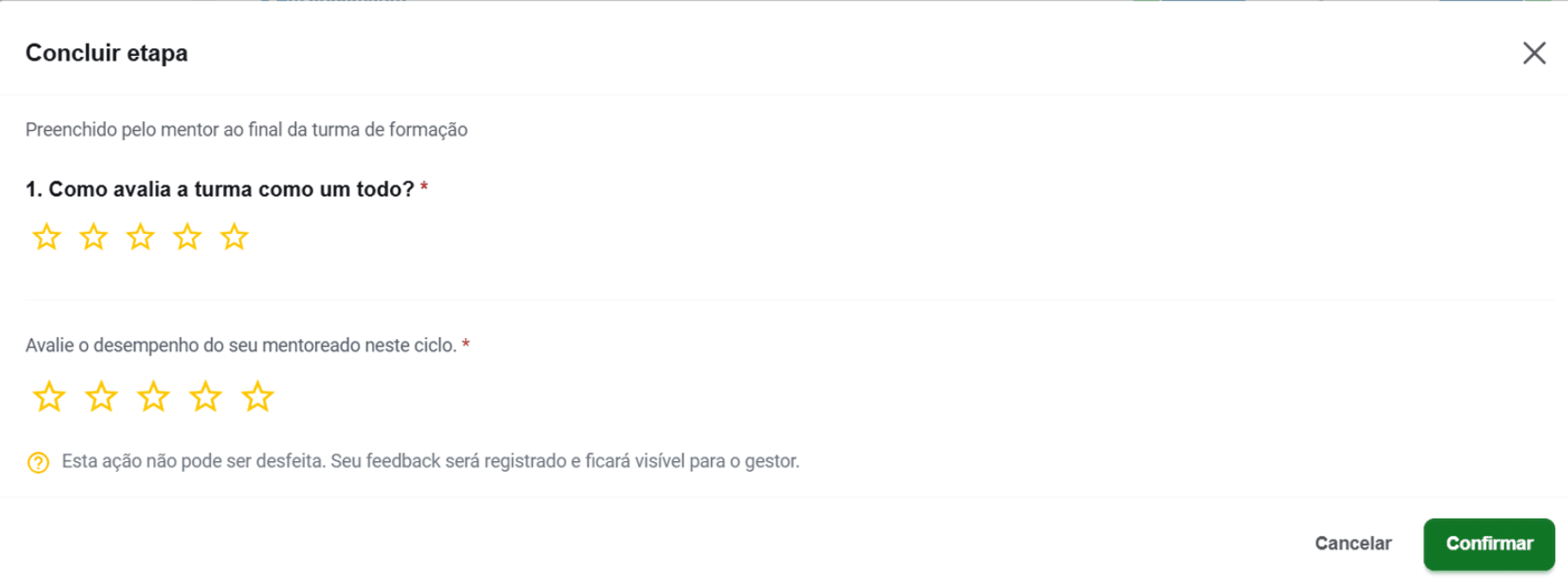 Modal Concluir etapa: avaliação da turma como um todo e avaliação do desempenho do mentoreado