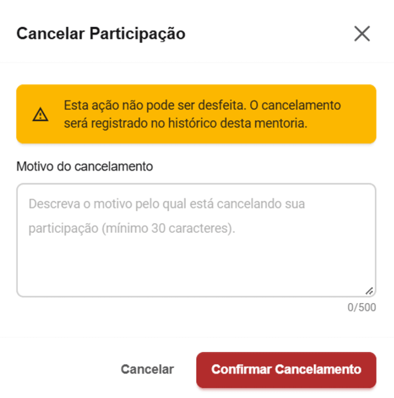 Modal Cancelar Participação, com campo obrigatório de motivo