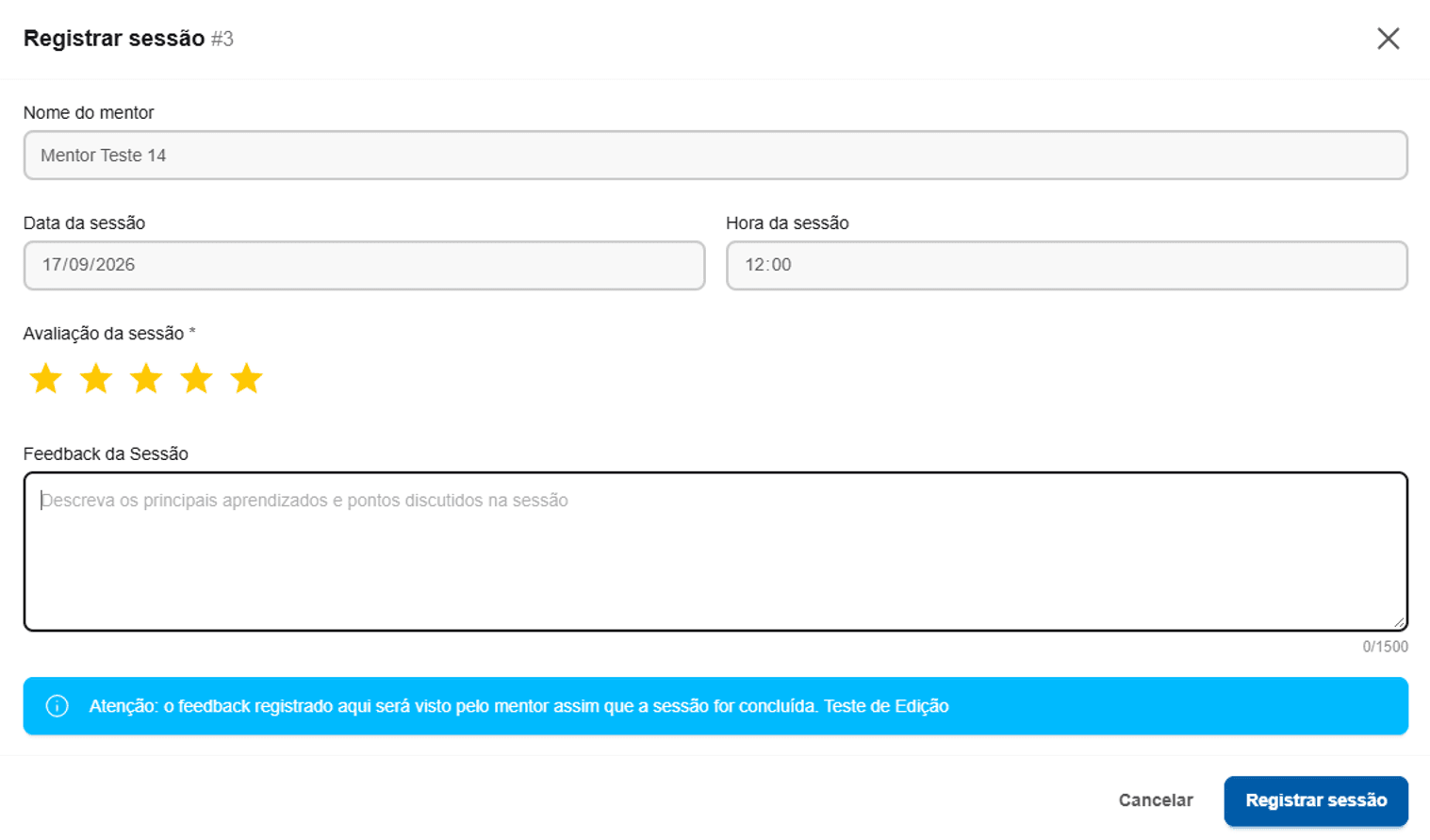 Modal Registrar sessão, com avaliação por estrelas e campo de feedback