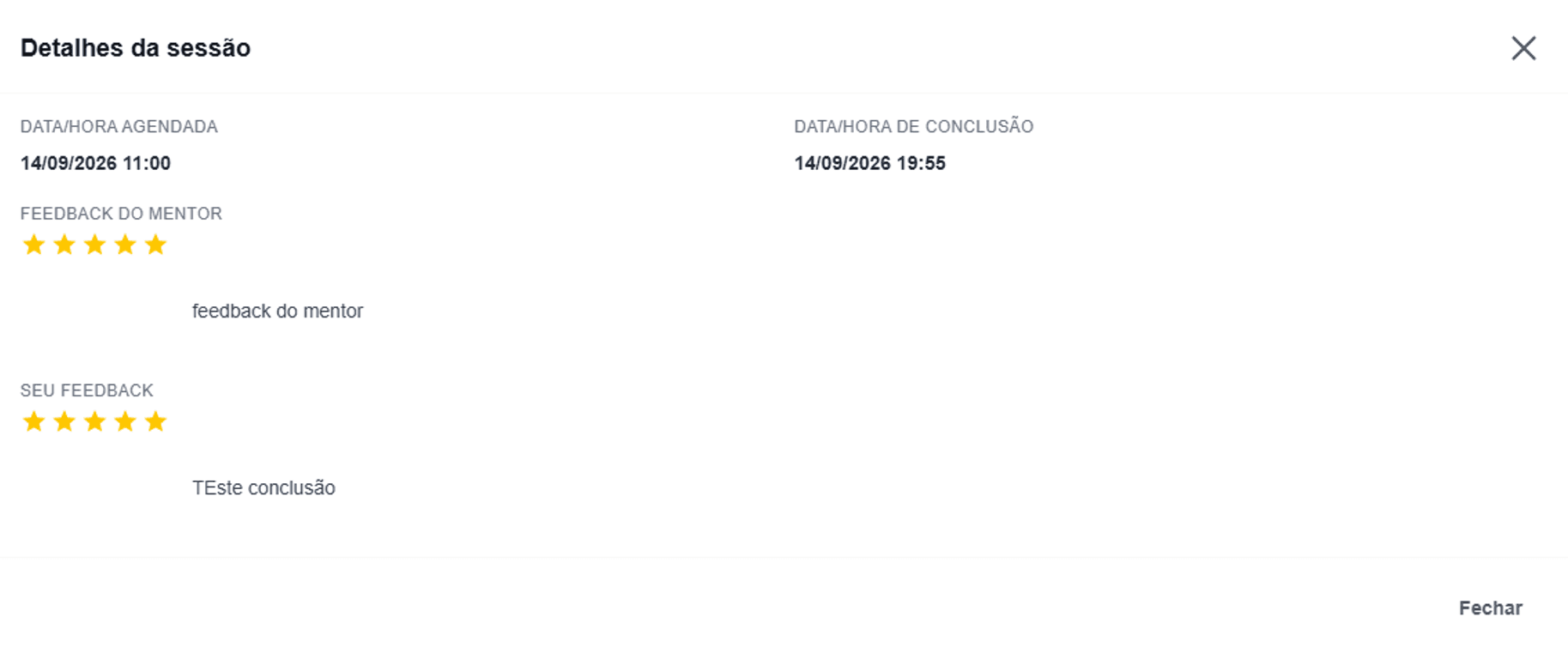 Modal Detalhes da sessão, com feedback do mentor e do mentoreado lado a lado