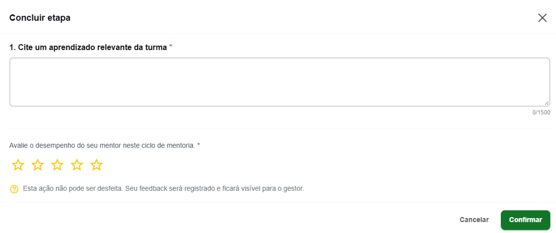 Modal Concluir etapa: aprendizado relevante da turma e avaliação do desempenho do mentor