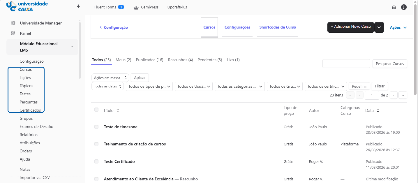 Menu do Módulo Educacional LMS, com os 6 objetos da Área do Fornecedor destacados em azul